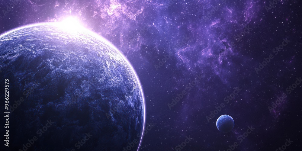 Obraz premium Blue and Pink Planet with Two Suns in Deep Space