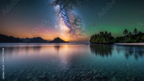 Image beautiful rocky coast and evening sky with galaxy