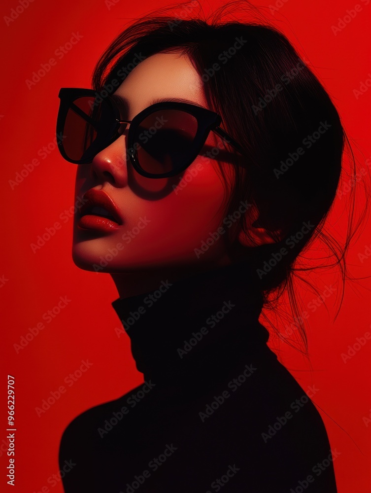 Woman's silhouette with elegant hair on red background Woman's silhouette with elegant hair on red background