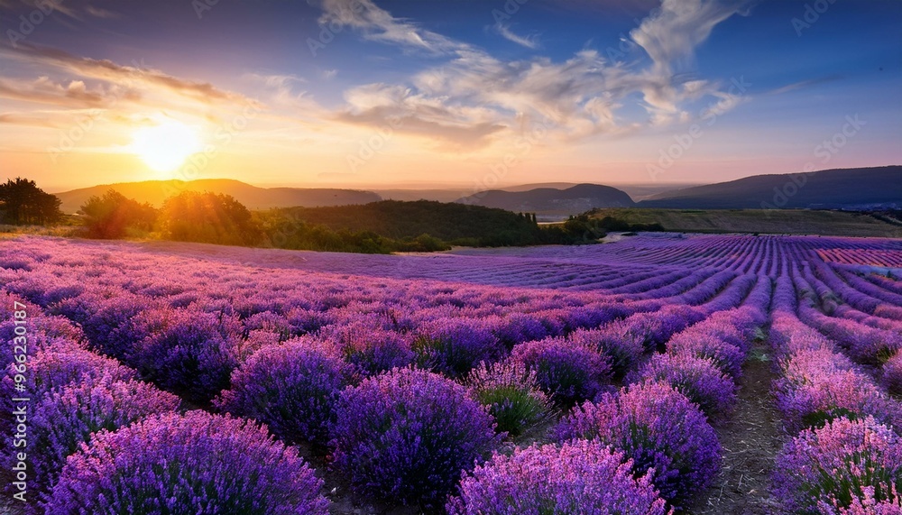 Obraz premium Lavender Fields at Sunset Serene Purple Blooms Spread Across the Landscape