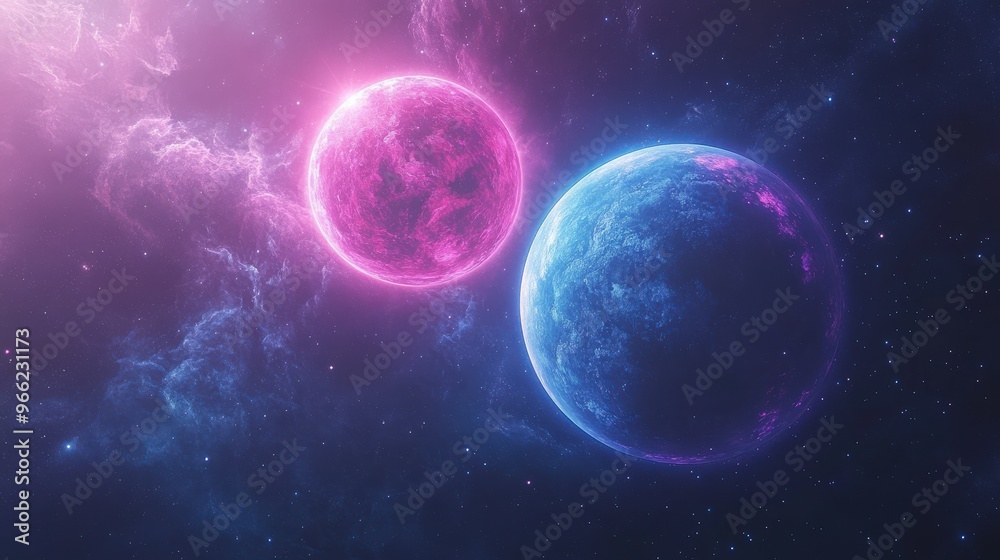 Blue and Pink Planet with Two Suns in Deep Space Blue and Pink Planet with Two Suns in Deep Space
