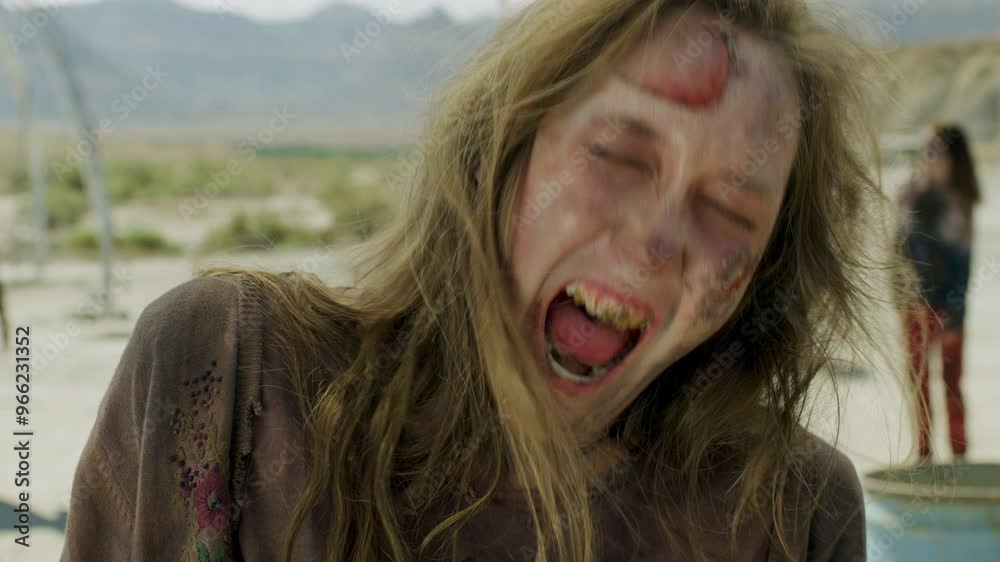 Crazy zombie woman in desert - close up