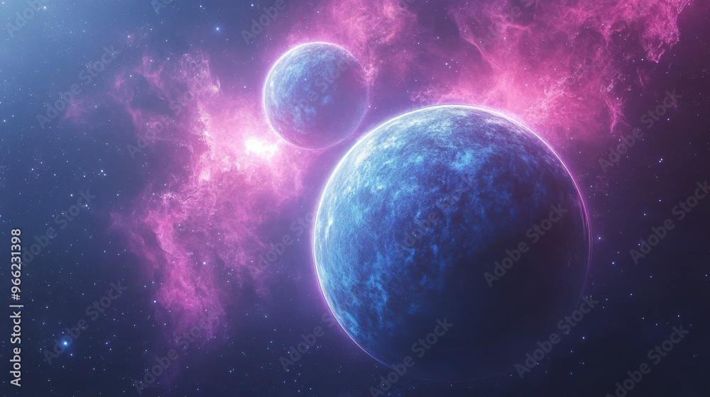 Blue and Pink Planet with Two Suns in Deep Space Blue and Pink Planet with Two Suns in Deep Space