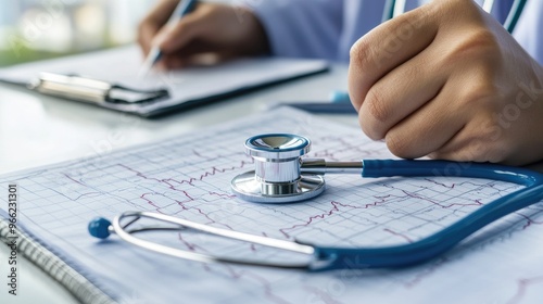 A stethoscope resting on a medical chart showing ECG waves, with a healthcare professional hands preparing for a patient exam in the background.