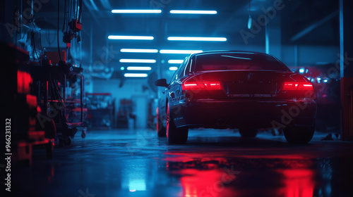 Low angle rear view of a car in a repair shop at night. photo