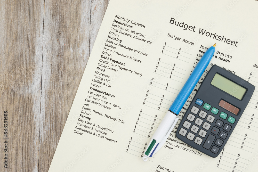 Monthly personal budget with a pen and calculator on wood desk Monthly personal budget with a pen and calculator on wood desk