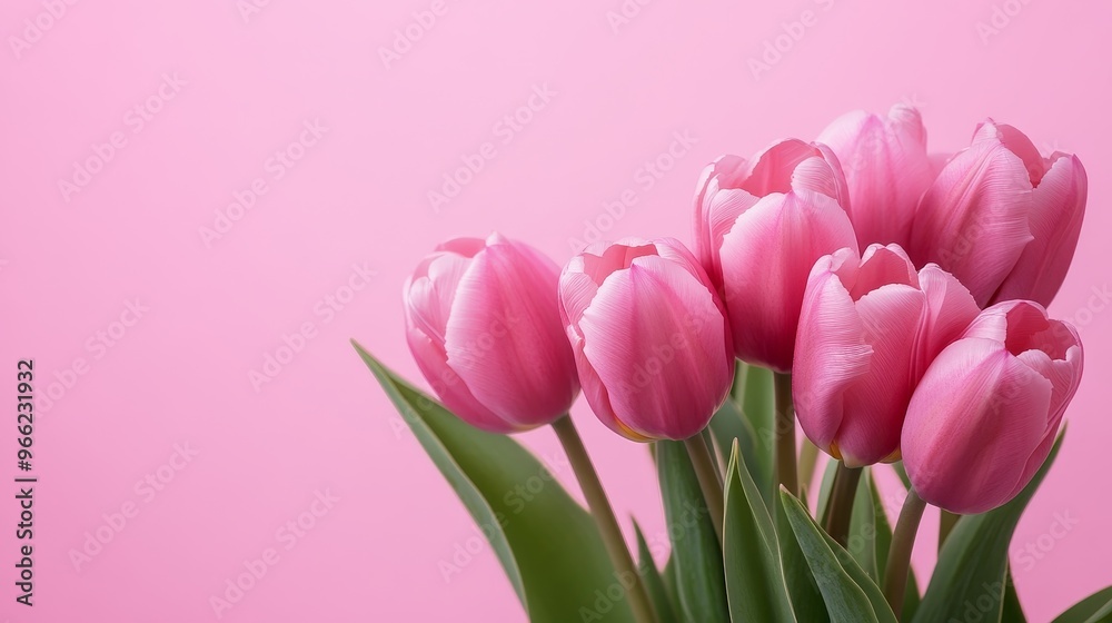 Fototapeta premium A delicate bouquet of pink tulips arranged against a soft pink background. The tulips symbolize love, beauty, new beginnings, and spring. The soft pink backdrop adds a gentle and romantic touch.