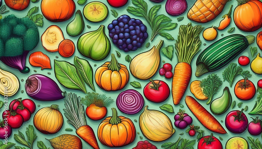 Hand drawn vegetables and fruits patterned background illustration Hand drawn vegetables and fruits patterned background illustration