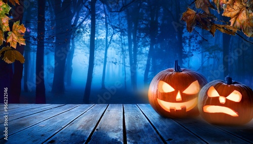 Spooky Halloween Pumpkins Glowing on Wooden Deck in Mysterious Night Forest with Blue Fog and Fallen Leaves, Eerie Fall Atmosphere