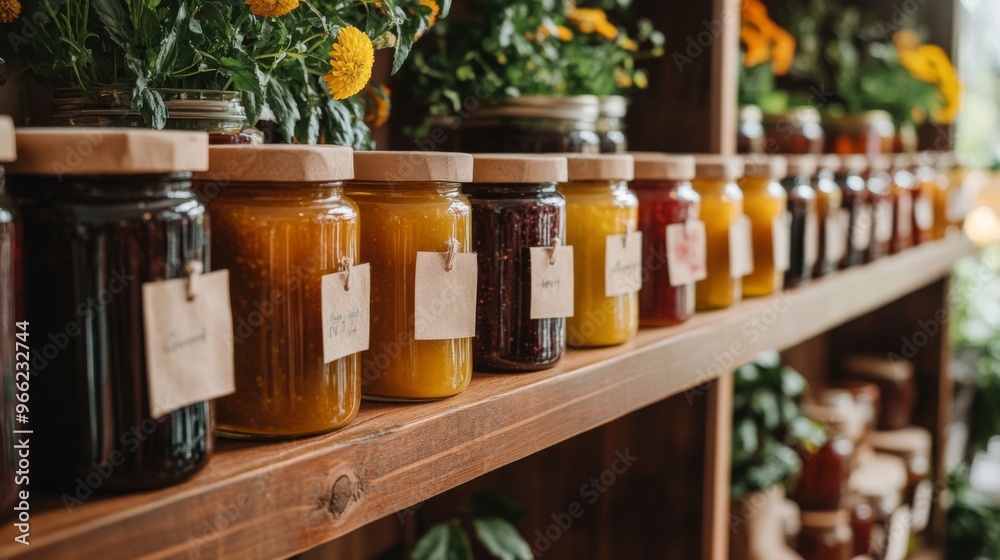A shelf lined with jars of homemade jams in different flavors, with rustic labels, symbolizing tradition, homemade goods, and culinary passion. A shelf lined with jars of homemade jams in different flavors, with rustic labels, symbolizing tradition, homemade goods, and culinary passion.