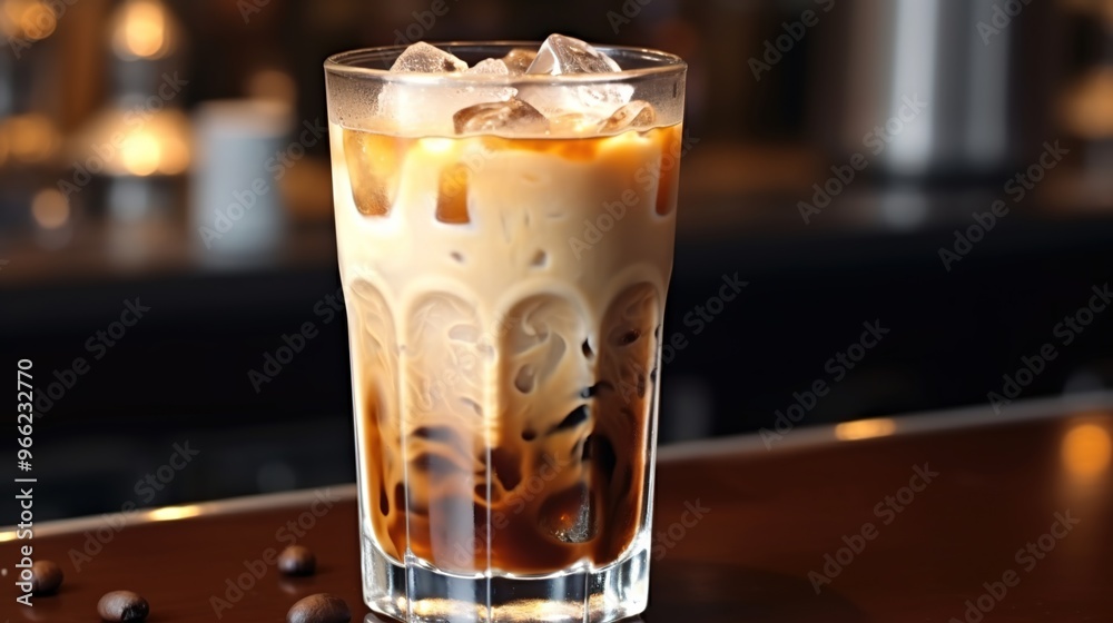 A glass of cold, refreshing iced coffee with ice cubes and cream on top, sitting atop the bar counter. A glass of cold, refreshing iced coffee with ice cubes and cream on top, sitting atop the bar counter.