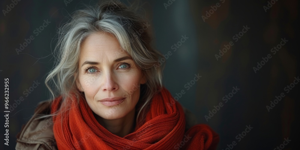 A captivating portrait of a woman exuding confidence and warmth. Her beautiful gray hair contrasts nicely with the vibrant red scarf she wears. This image captures a moment of elegance and poise. AI A captivating portrait of a woman exuding confidence and warmth. Her beautiful gray hair contrasts nicely with the vibrant red scarf she wears. This image captures a moment of elegance and poise. AI