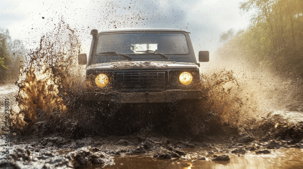 Obraz premium Off-road vehicle emerging from a muddy hazard, with a splash of mud and water.