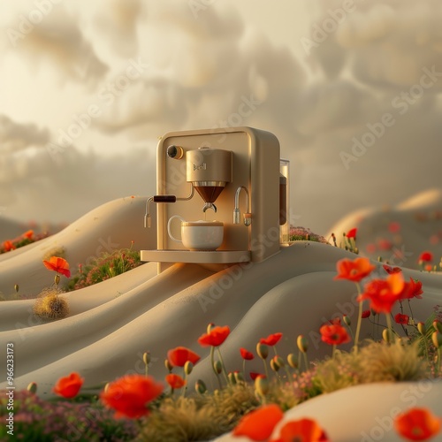 breville oracle coffee machine on a wavy hill with poppies, abstract podium, abstract landscape, spring, packshot, interesting composition, minimalism, long shot, octane rendering, beige colors, photo