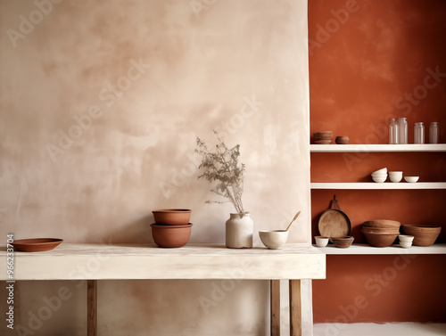 Wabi sabi and japandi japanese style rustic interior in in white, neutral and terracotta with wood, pottery and texture elements