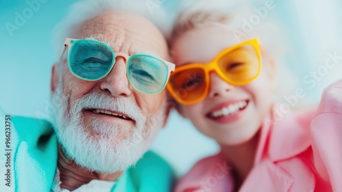 An elderly man and young girl smile at the camera, both wearing colorful sunglasses and bright clothing, radiating joy and connection in a vibrant moment captured. photo