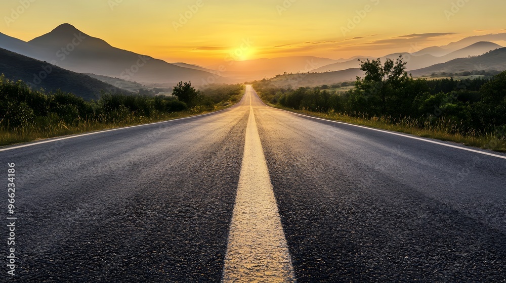 Empty road leading through a valley towards a distant sunset. Empty road leading through a valley towards a distant sunset.