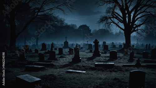 Eerie cemetery at night with tombstones, bare trees, and mist creating a haunting atmosphere.