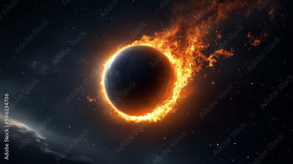 A fiery ring of flames encircles a dark planet, symbolizing destruction, chaos, the end of life, the power of nature, and the fragility of existence.