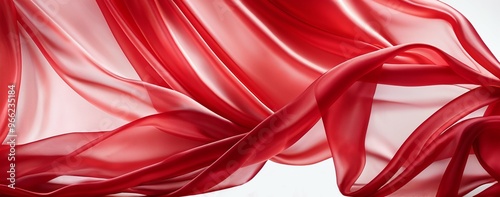 Premium red translucent cloth flutters on wind. Luxury smooth elegant fabric. Texture of flying blowing red silk. Love, Valentine's or Women's Day. Copy space. Design for banner, background, backdrop photo