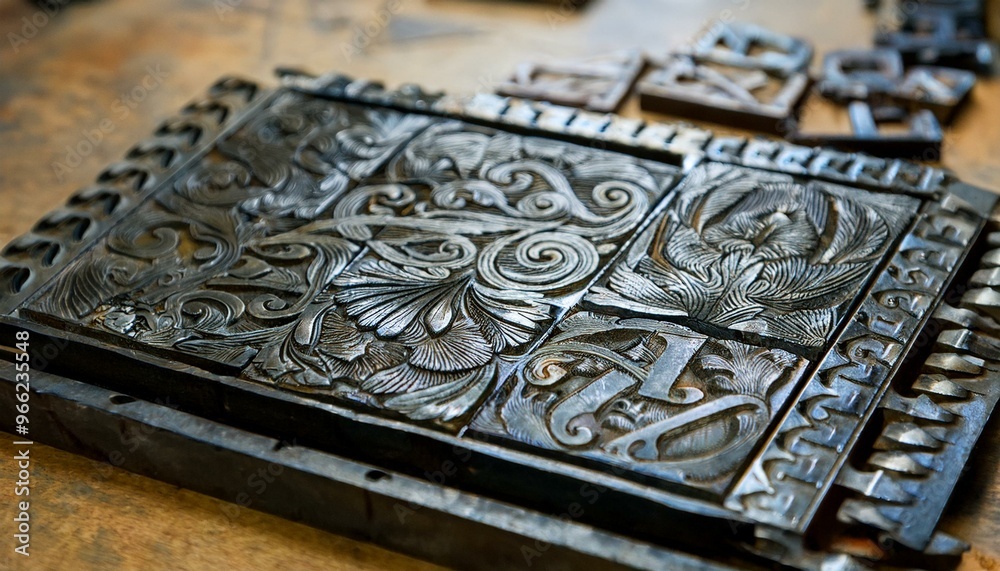 A metal plate elaborately engraved with letters and pictures. A metal plate elaborately engraved with letters and pictures.