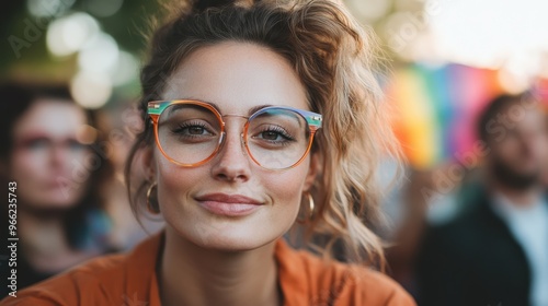 A smiling woman with curly hair and colorful glasses enjoys a festive event, with a rainbow flag and a crowd of people blurred in the background, exuding cheerfulness.