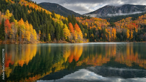 Stunning autumn forest reflection on calm lake with vibrant foliage under clear blue sky in rural setting.