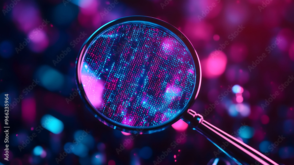 Magnifying glass examining binary code stream on dark background Magnifying glass examining binary code stream on dark background