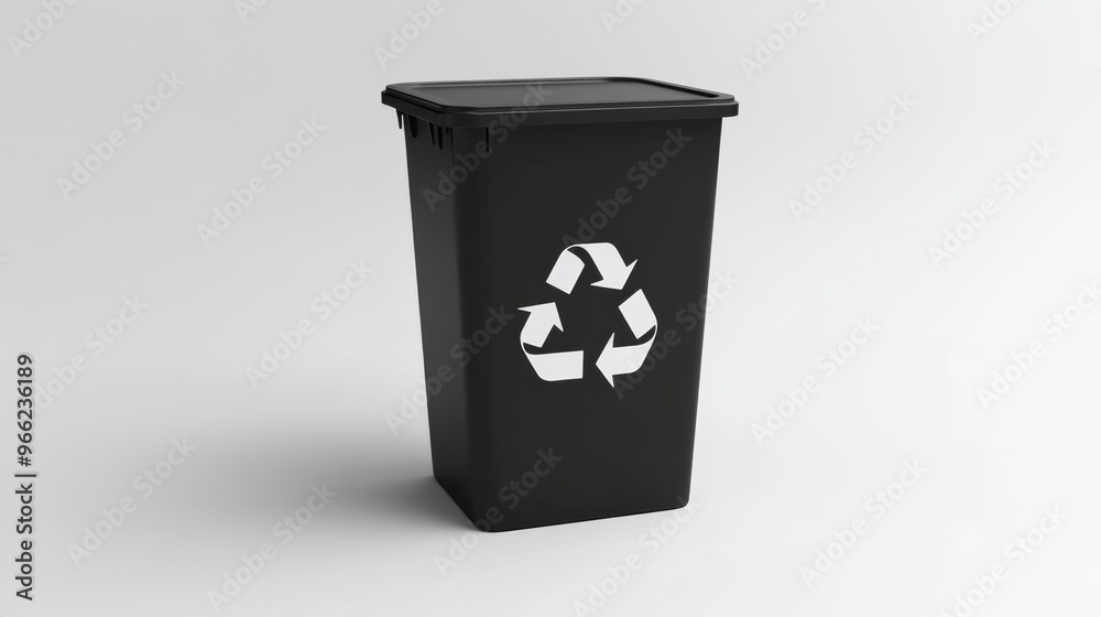 Sleek black trash bin with white recycling logo on a white background in a studio setting Sleek black trash bin with white recycling logo on a white background in a studio setting