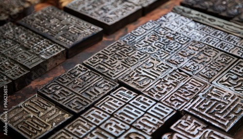 A metal plate elaborately engraved with letters and pictures.