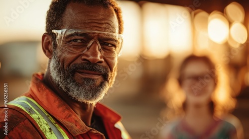 An experienced senior construction worker with a grey beard and safety glasses wears an orange uniform, symbolizing wisdom, dedication, and a legacy of labor.