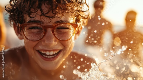 A child with curly hair and glasses laughing joyfully while getting splashed with water, capturing the carefree essence and exuberance of childhood on a sunny day. photo