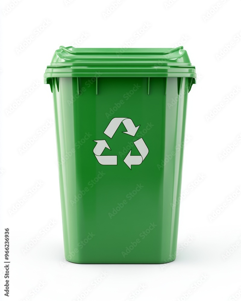 Hyper-realistic green plastic recycling bin icon on a seamless white background Hyper-realistic green plastic recycling bin icon on a seamless white background