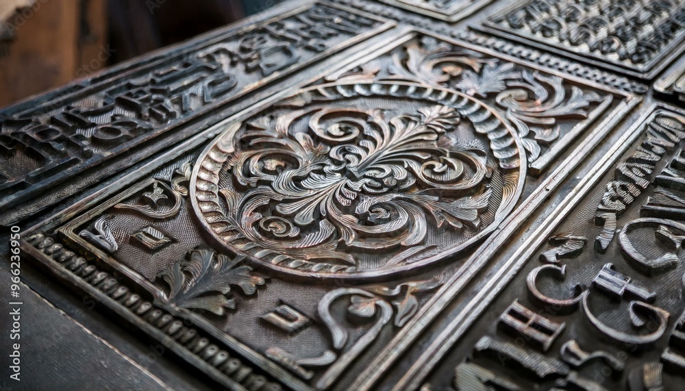 A metal plate elaborately engraved with letters and pictures.