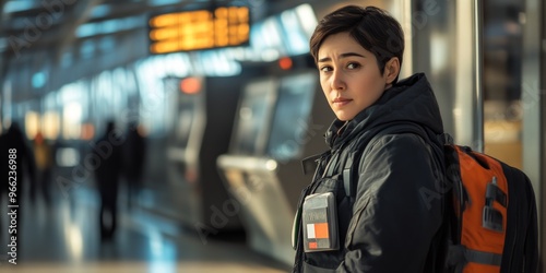 A thoughtful young person stands in a busy transport hub. The environment is modern and dynamic. This image captures a moment of reflection and anticipation.