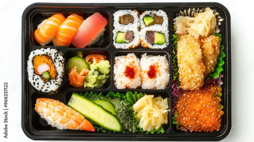 A traditional Japanese bento box with compartments filled with sushi, tempura, pickled vegetables, and rice, presented on a clean, white background for a classic look A traditional Japanese bento box with compartments filled with sushi, tempura, pickled vegetables, and rice, presented on a clean, white background for a classic look