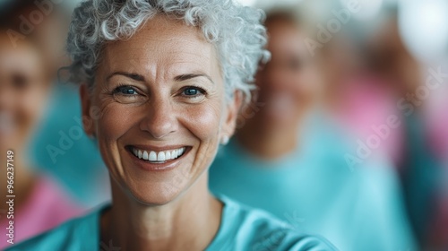 A close-up of a woman with short, curly gray hair, radiating a bright smile, possibly in a group setting. The image conveys a strong sense of joy and vitality.