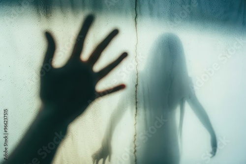 Shadow of scary paranormal ghost horror woman in soft focus. Blurry hand and body figure abstraction Shadow of scary paranormal ghost horror woman in soft focus. Blurry hand and body figure abstractio photo