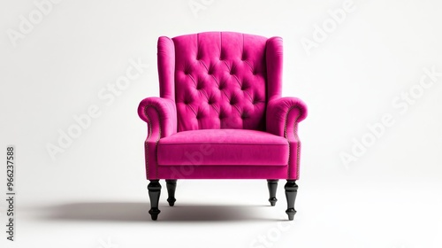 A luxurious pink velvet armchair with tufted upholstery and wooden legs, isolated on a white background. The armchair exudes elegance, comfort, and sophistication, representing luxury, relaxation, and