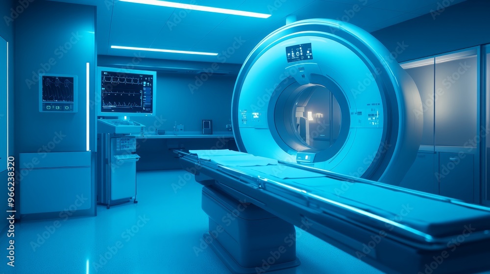 operating room utilizes advanced medical device, showcasing evolution in technology، computed tomography machine, close view, no doctors, blue hue operating room utilizes advanced medical device, showcasing evolution in technology، computed tomography machine, close view, no doctors, blue hue