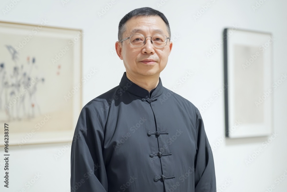 A man with glasses, wearing a traditional Chinese black shirt, stands in a gallery setting with paintings in the background. He is looking at the camera with a calm expression. He appears to be an art A man with glasses, wearing a traditional Chinese black shirt, stands in a gallery setting with paintings in the background. He is looking at the camera with a calm expression. He appears to be an art
