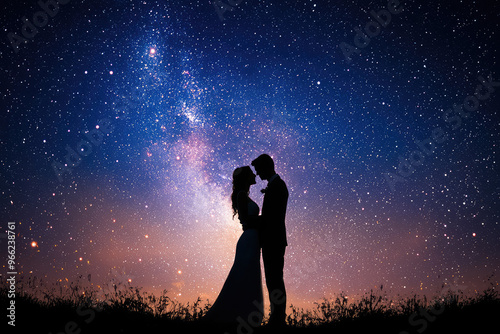 A bride and groom share romantic moment under starry sky, silhouetted against cosmic backdrop. Their love shines brightly amidst vast universe, creating magical atmosphere