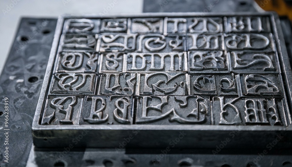 A metal plate elaborately engraved with letters and pictures. A metal plate elaborately engraved with letters and pictures.