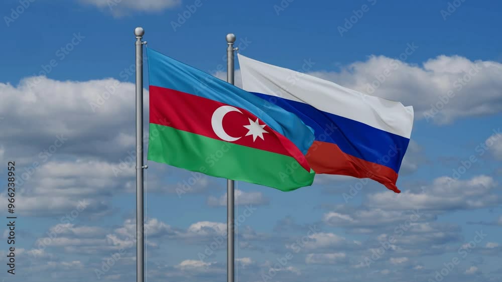 Russian Federation and Azerbaijan flags flying together, video concept of the relationship Russian Federation and Azerbaijan flags flying together, video concept of the relationship