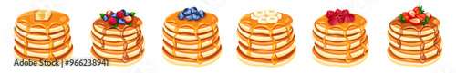 Set of yummy pancakes covered with chocolate and honey in a cartoon style.Vector illustration of pancakes with berries,butter:blueberries,strawberries,raspberries,bananas isolated on white background.