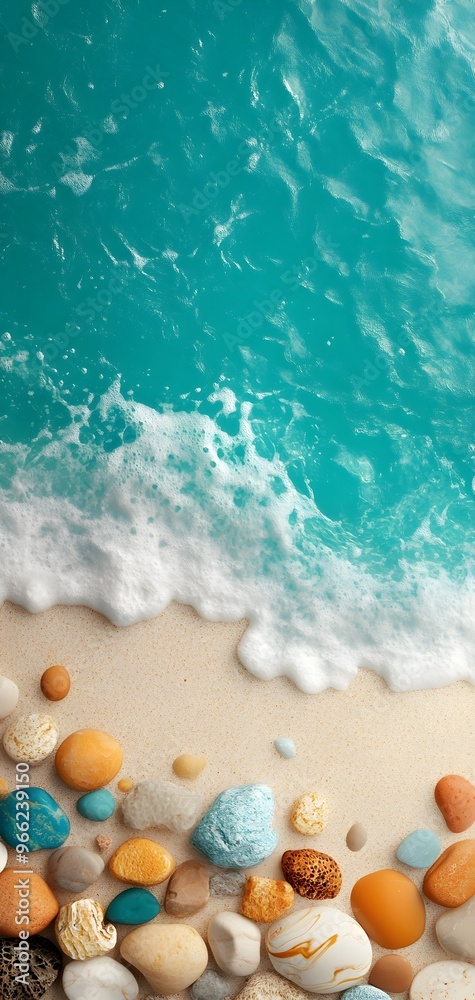 Naklejka premium Top View of Sea Waves Washing Over Colorful Stones on Sandy Beach.