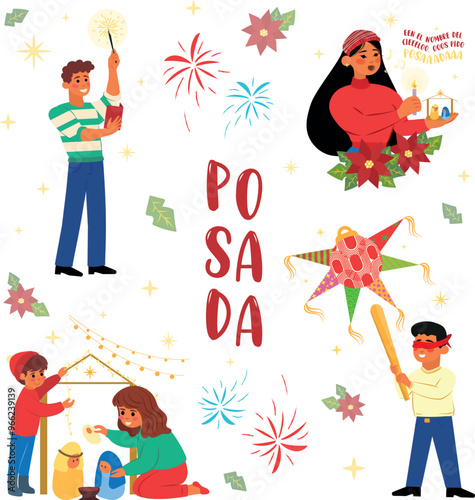 Ilustración de posada de navidad México, piñata, peregrinos, nacimiento