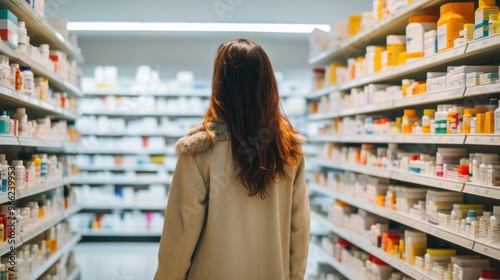  A woman with long brown hair walks through a pharmacy aisle, facing away from the camera. The shelves on either side of her are stocked with bottles of various colors and sizes.