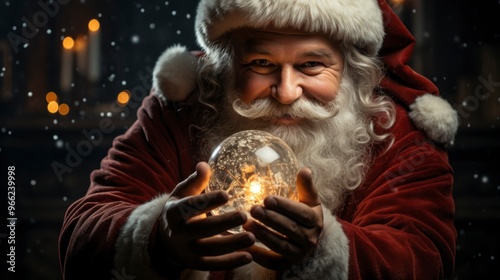  A close-up shot of Santa Claus, dressed in his traditional red suit, holding a glowing snow globe in his hands. The background is dark and features out-of-focus lights and falling snow.
