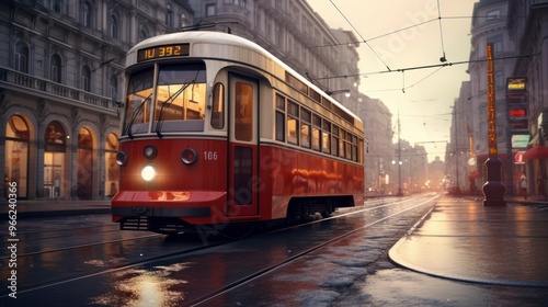  A red streetcar travels along a narrow city street. The street is wet from recent rain and the streetlights illuminate the buildings and cobblestones.